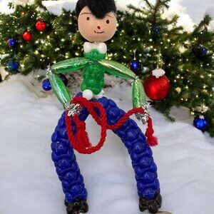 Vintage Beaded Cowboy Christmas Tree Ornament With Red Lasso Handmade Bendable